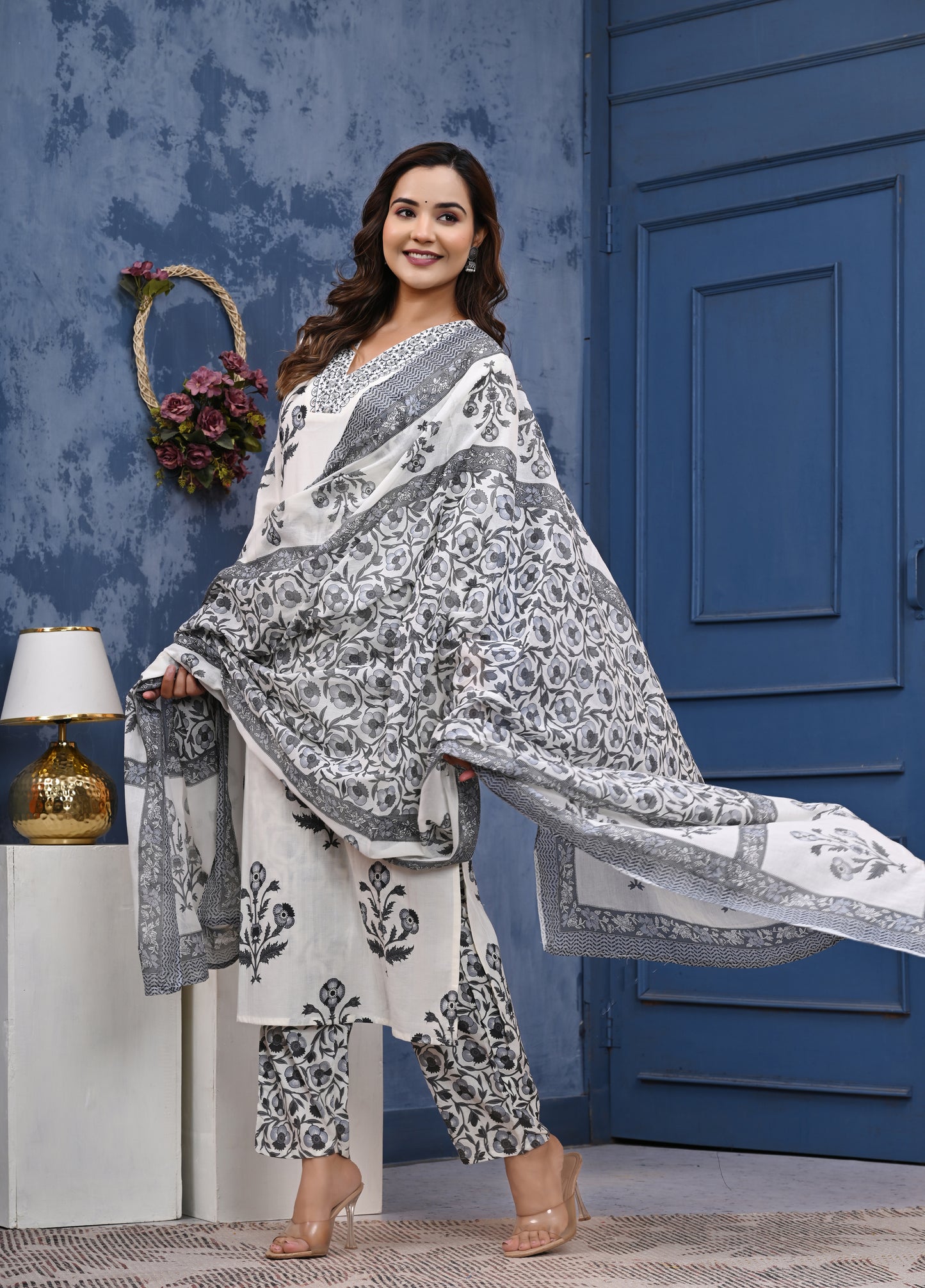 Elegant White & Black Floral Printed Cotton Kurta Set with Dupatta