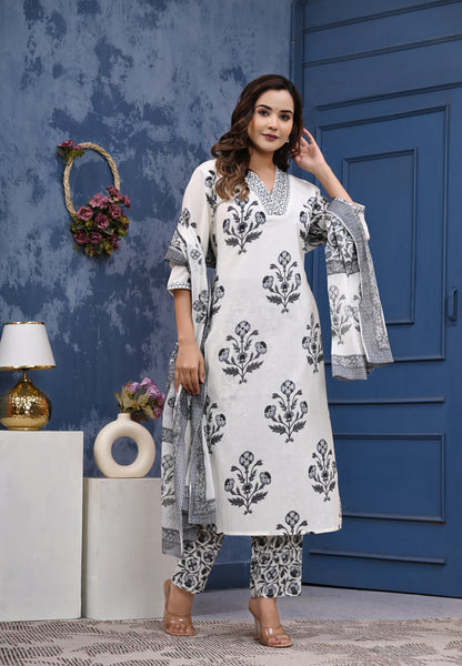 Elegant White & Black Floral Printed Cotton Kurta Set with Dupatta