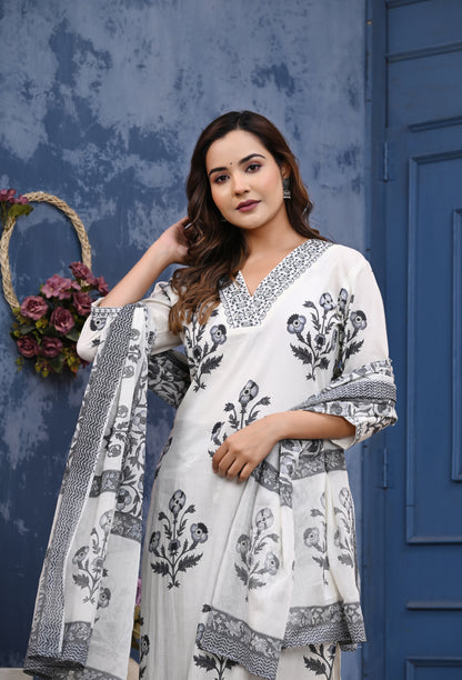 Elegant White & Black Floral Printed Cotton Kurta Set with Dupatta