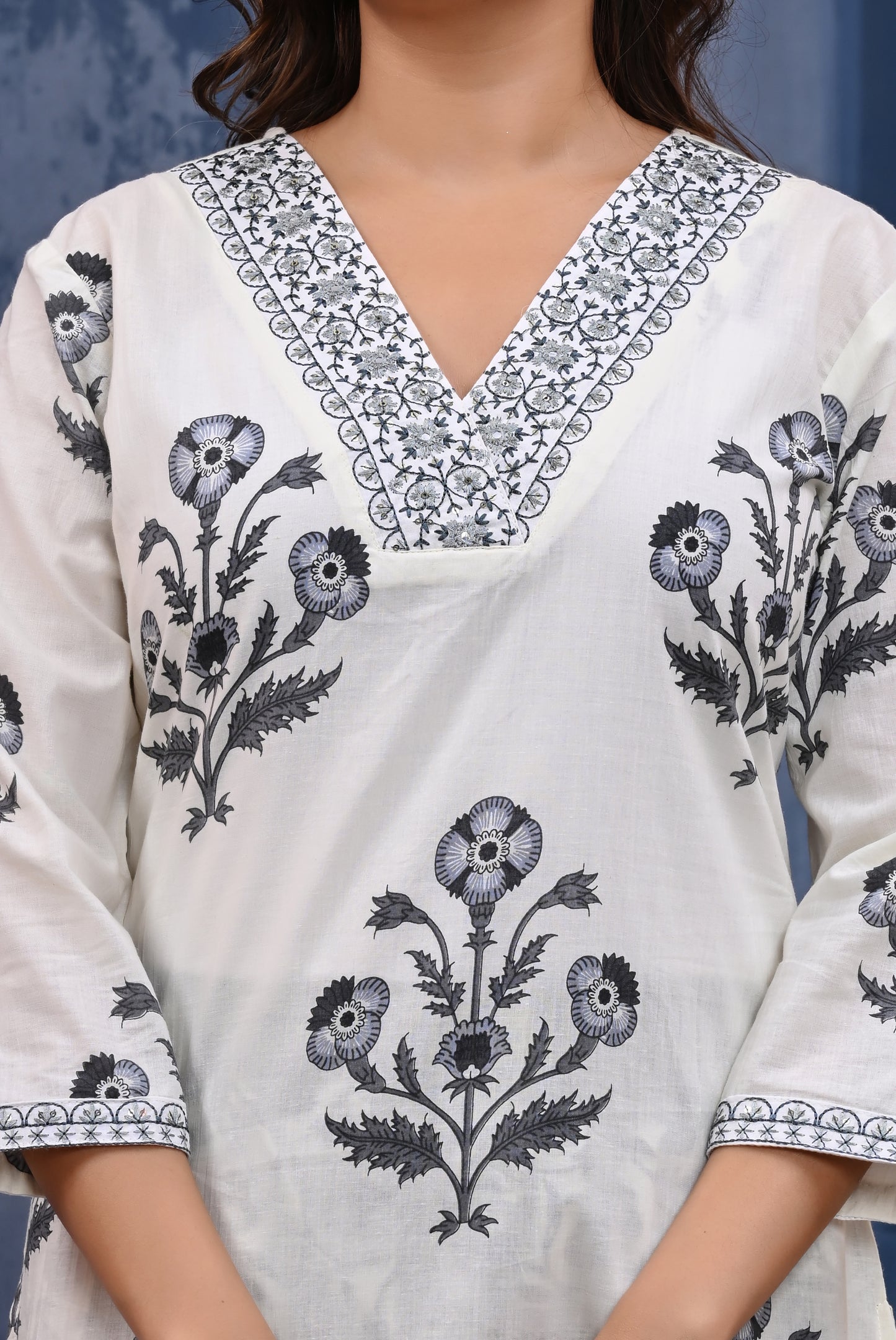 Elegant White & Black Floral Printed Cotton Kurta Set with Dupatta