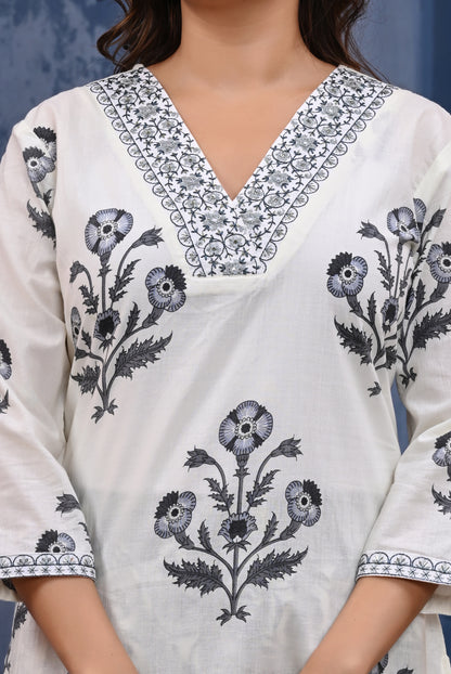 Elegant White & Black Floral Printed Cotton Kurta Set with Dupatta