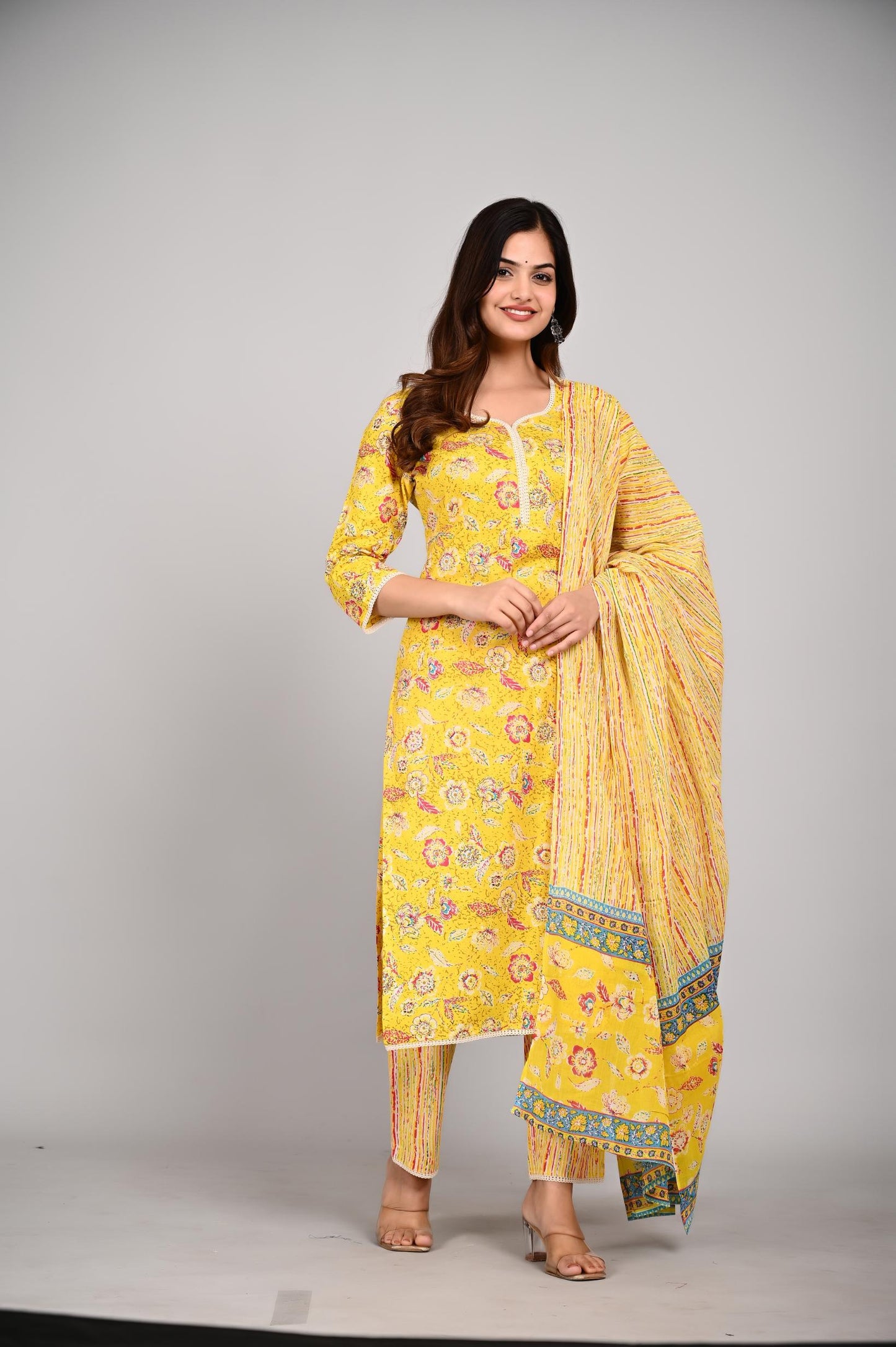 Yellow Colour Designer Printed Kurta with Pant and Dupatta