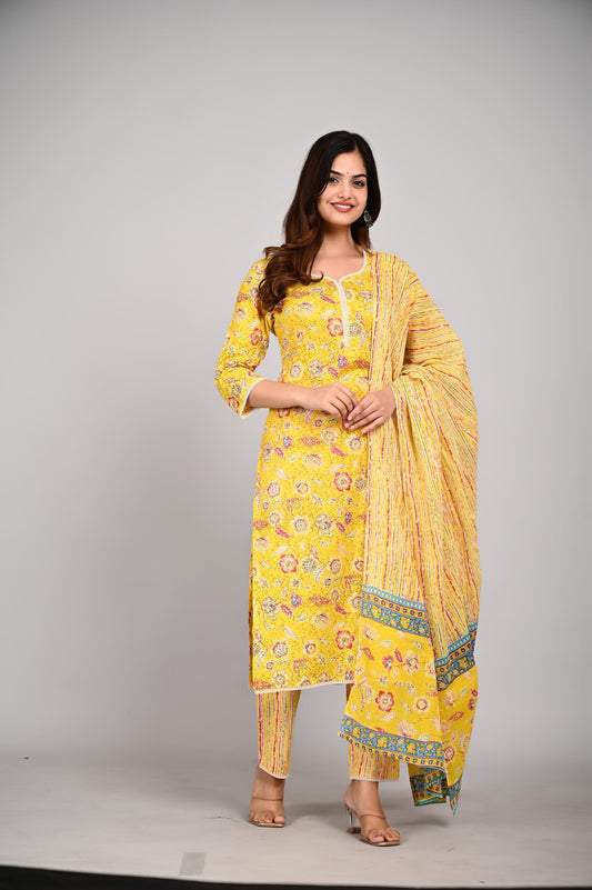 Yellow Colour Designer Printed Kurta with Pant and Dupatta
