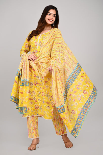 Yellow Colour Designer Printed Kurta with Pant and Dupatta
