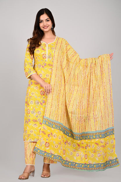 Yellow Colour Designer Printed Kurta with Pant and Dupatta