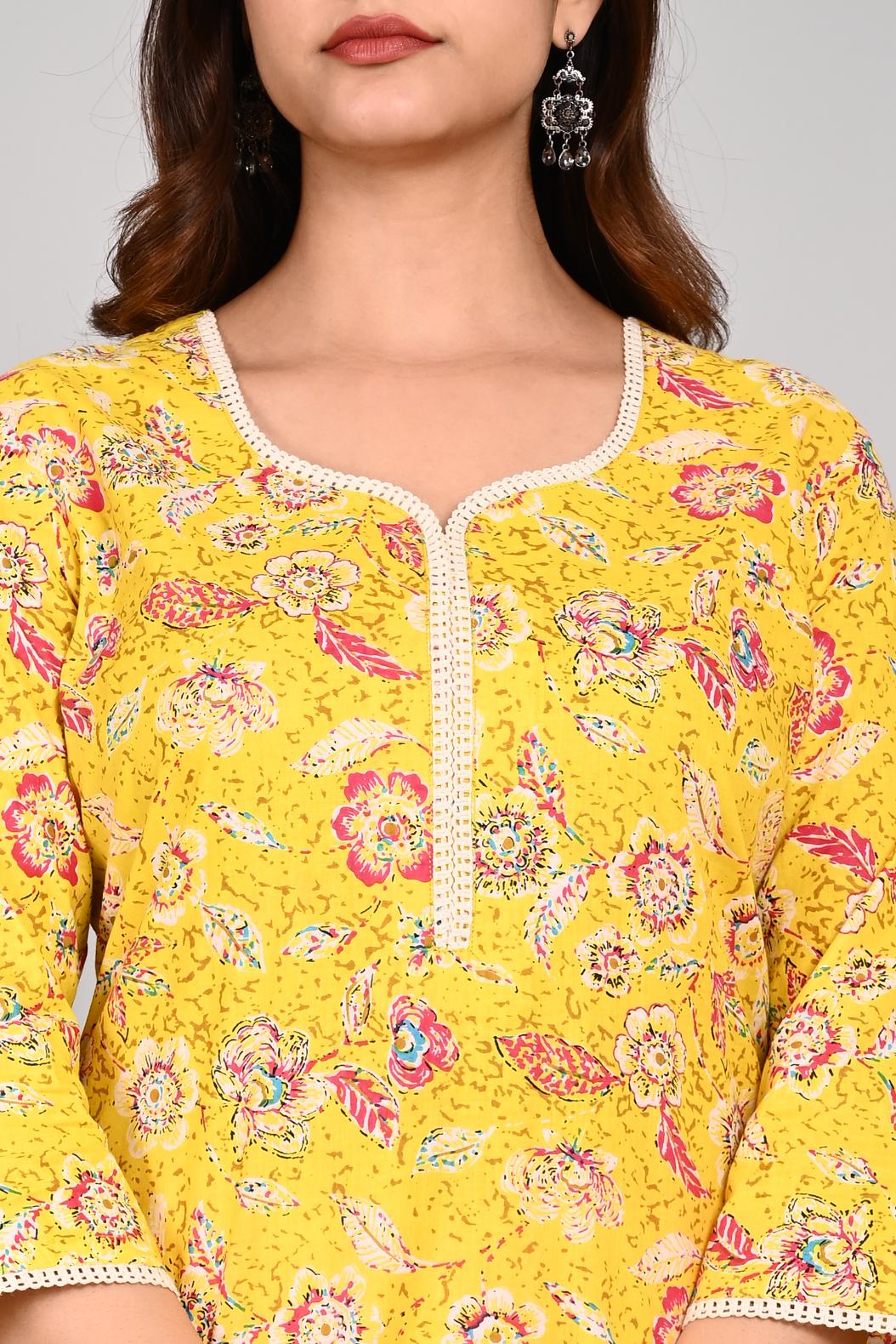 Yellow Colour Designer Printed Kurta with Pant and Dupatta