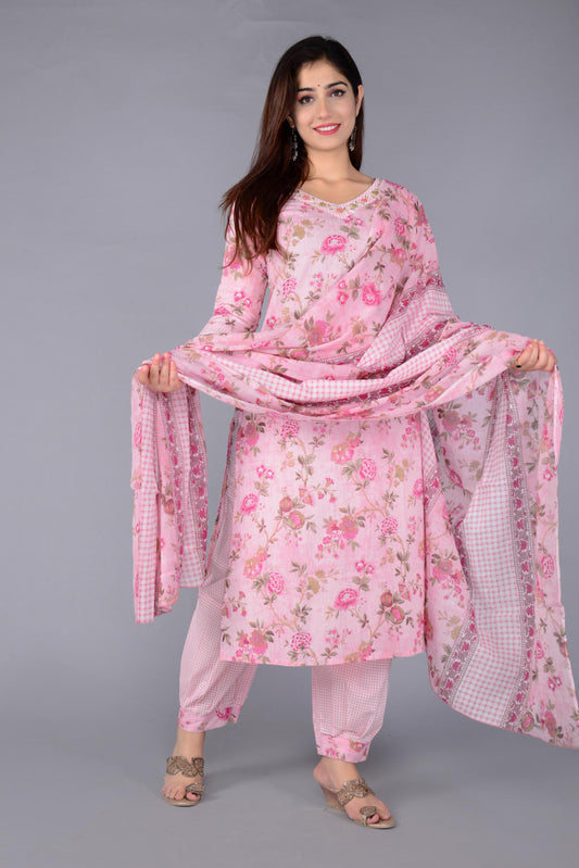 Pink Colour Designer Printed Kurta with Pant and Dupatta