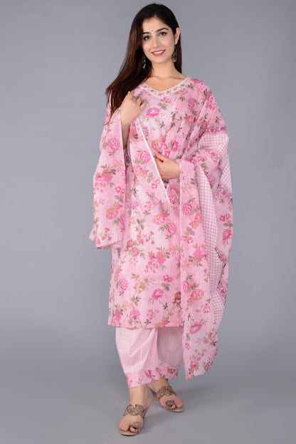 Pink Colour Designer Printed Kurta with Pant and Dupatta