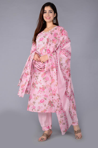 Pink Colour Designer Printed Kurta with Pant and Dupatta