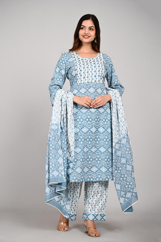 Skyblue Colour Designer Printed Kurta with Pant and Dupatta