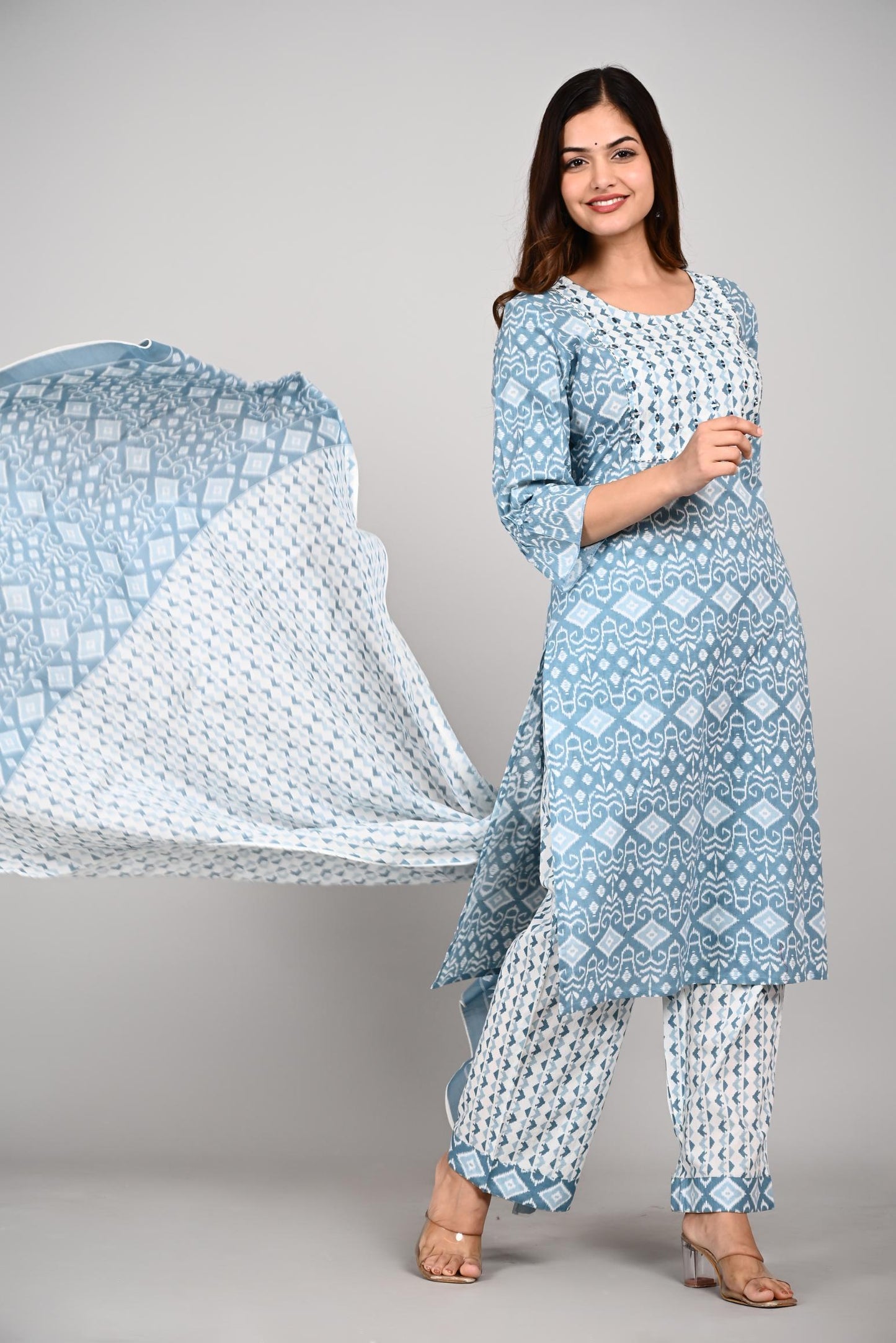 Skyblue Colour Designer Printed Kurta with Pant and Dupatta