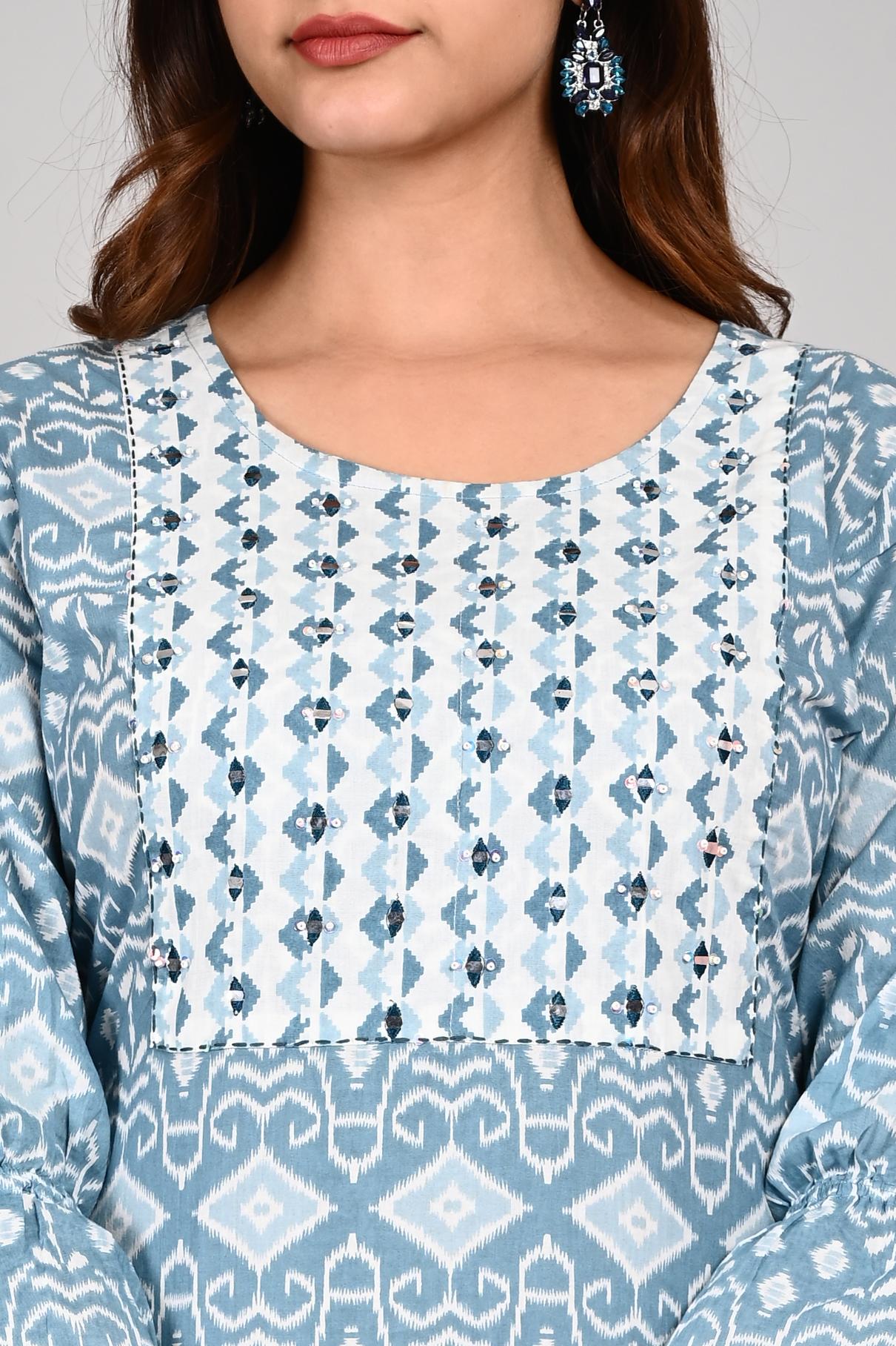 Skyblue Colour Designer Printed Kurta with Pant and Dupatta