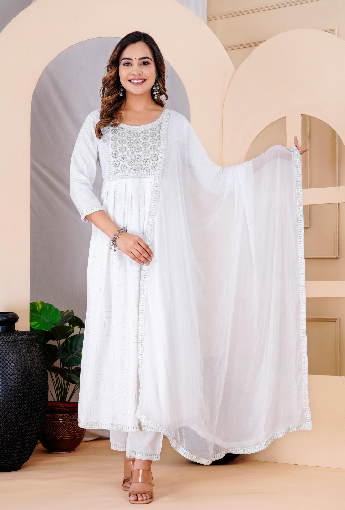 White Colour Designer Printed Kurta with Pant and Dupatta