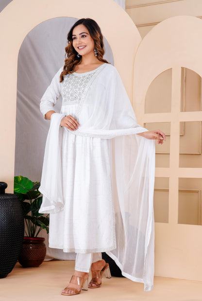 White Colour Designer Printed Kurta with Pant and Dupatta