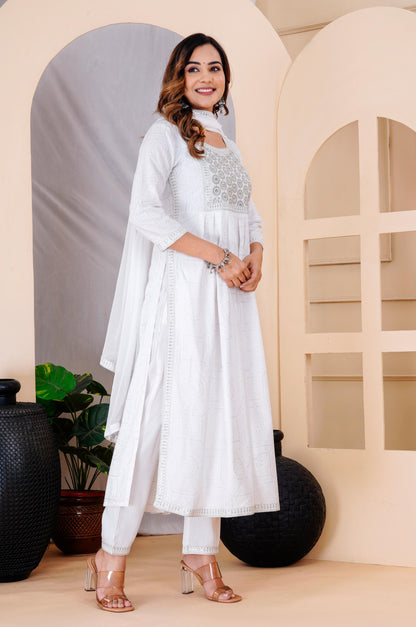 White Colour Designer Printed Kurta with Pant and Dupatta
