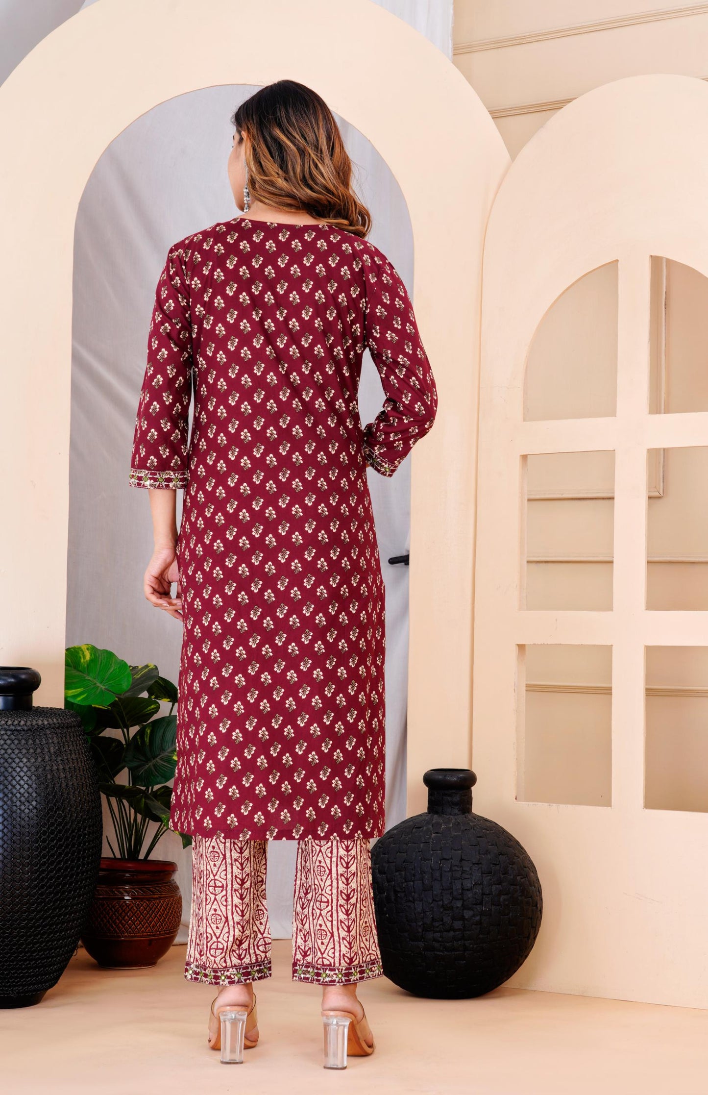 Wine Colour Designer Printed Kurta with Pant and Dupatta