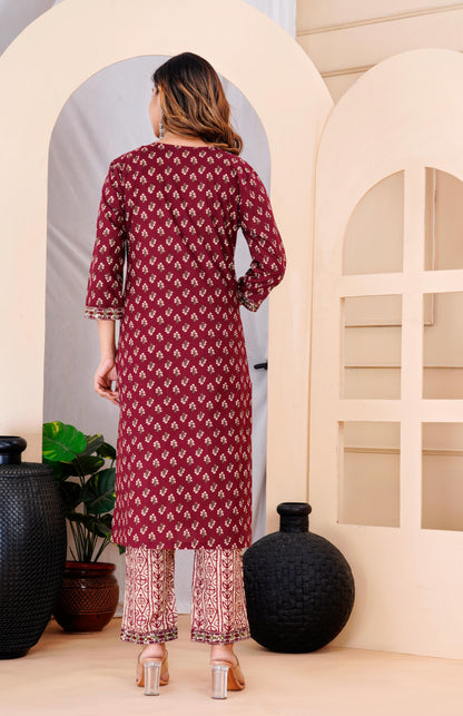 Wine Colour Designer Printed Kurta with Pant and Dupatta