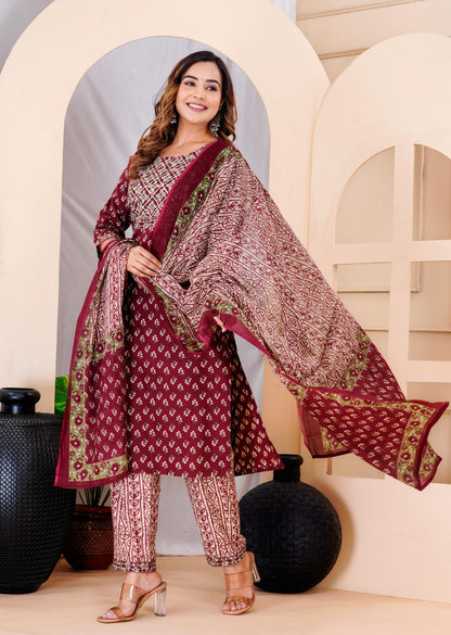Wine Colour Designer Printed Kurta with Pant and Dupatta