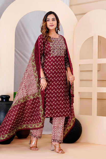 Wine Colour Designer Printed Kurta with Pant and Dupatta