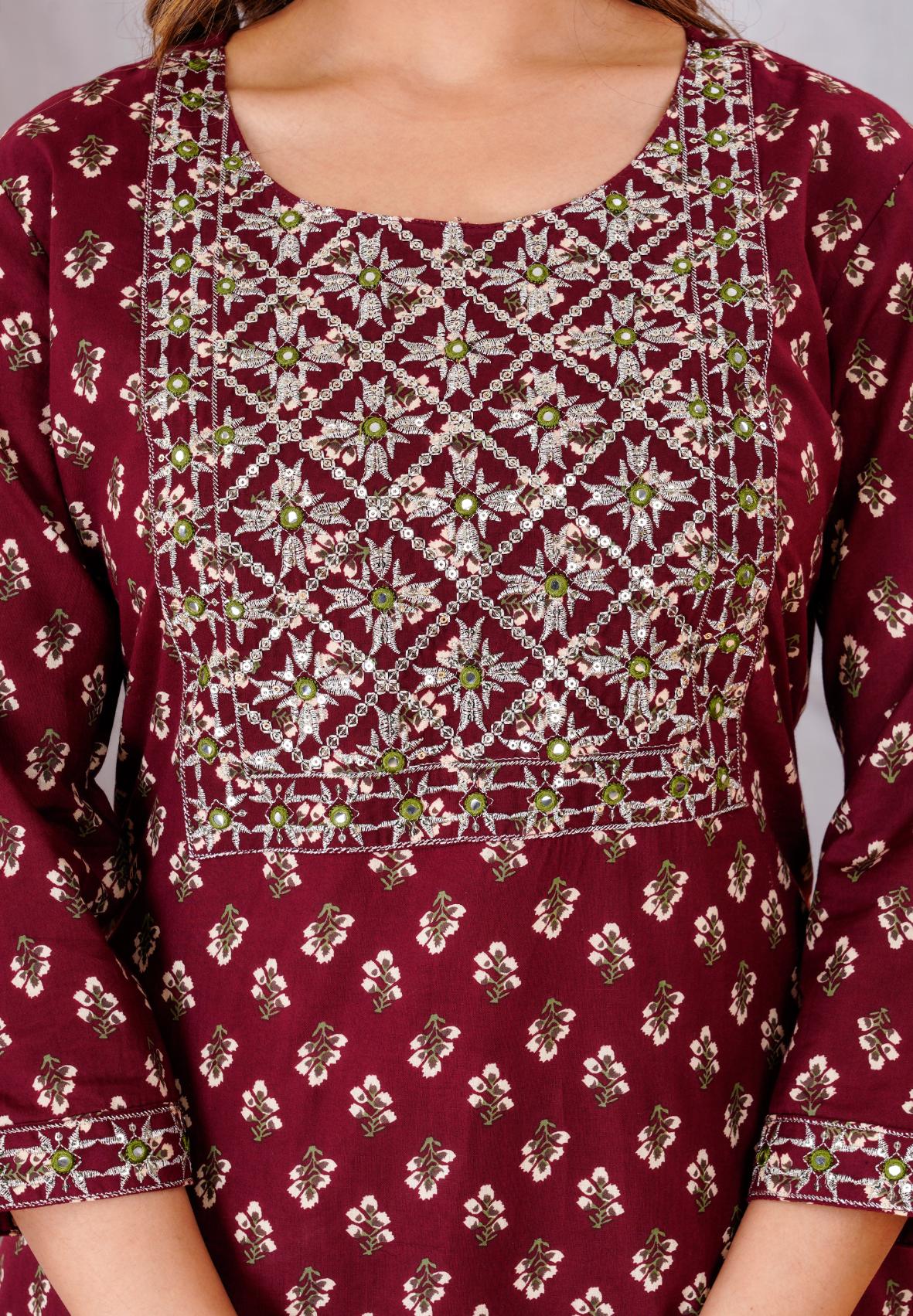 Wine Colour Designer Printed Kurta with Pant and Dupatta