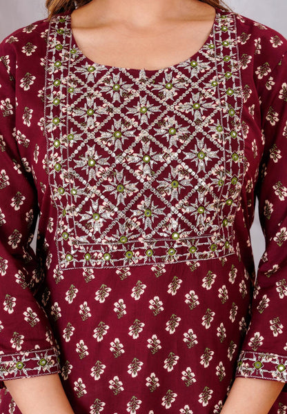 Wine Colour Designer Printed Kurta with Pant and Dupatta
