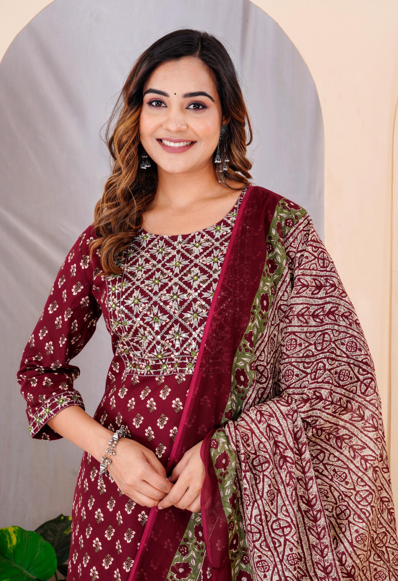 Wine Colour Designer Printed Kurta with Pant and Dupatta