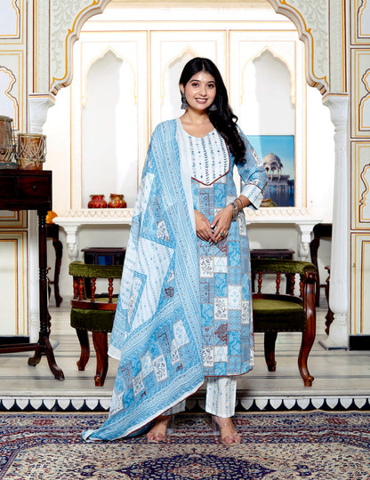 Blue Colour Designer Printed Kurta with Pant and Dupatta