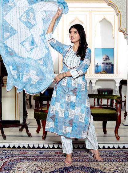 Blue Colour Designer Printed Kurta with Pant and Dupatta