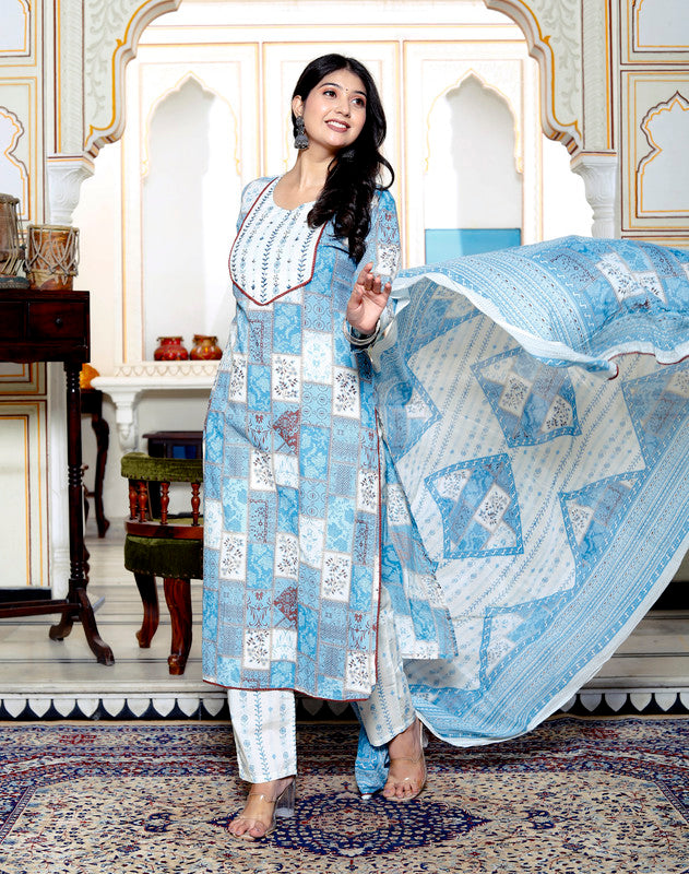 Blue Colour Designer Printed Kurta with Pant and Dupatta