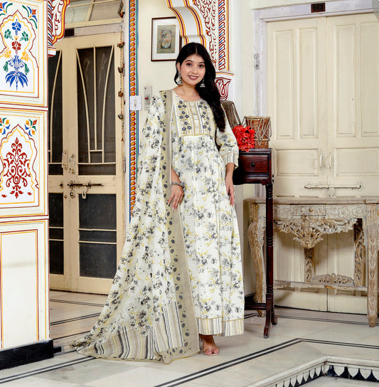 Beige Colour Designer Printed Kurta with Pant and Dupatta