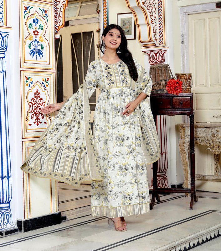 Beige Colour Designer Printed Kurta with Pant and Dupatta