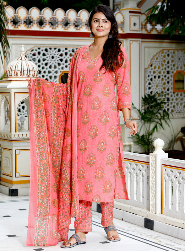 Peach Colour Designer Printed Kurta with Pant and Dupatta
