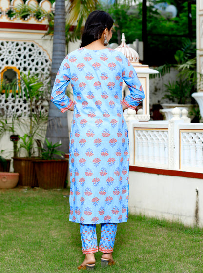 Blue Straight Printed Kurta with Pant and Dupatta