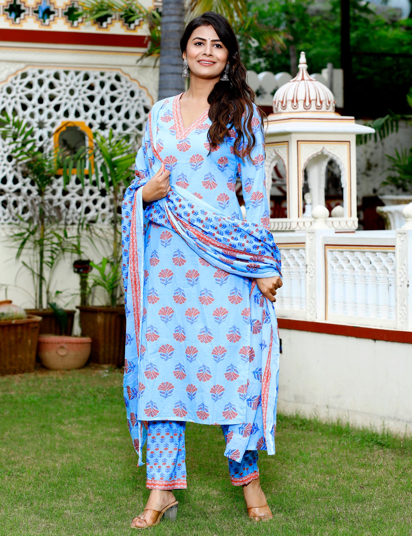 Blue Straight Printed Kurta with Pant and Dupatta