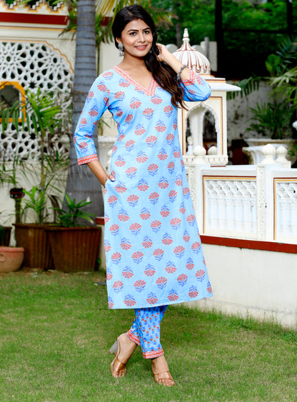 Blue Straight Printed Kurta with Pant and Dupatta