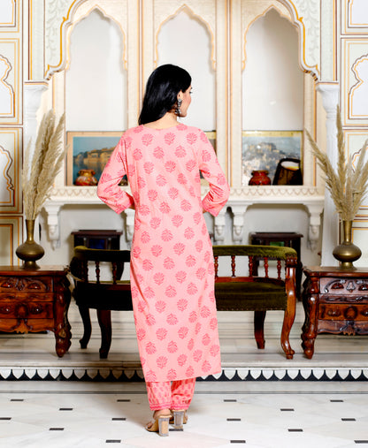 Peach Straight Printed Kurta with Pant and Dupatta