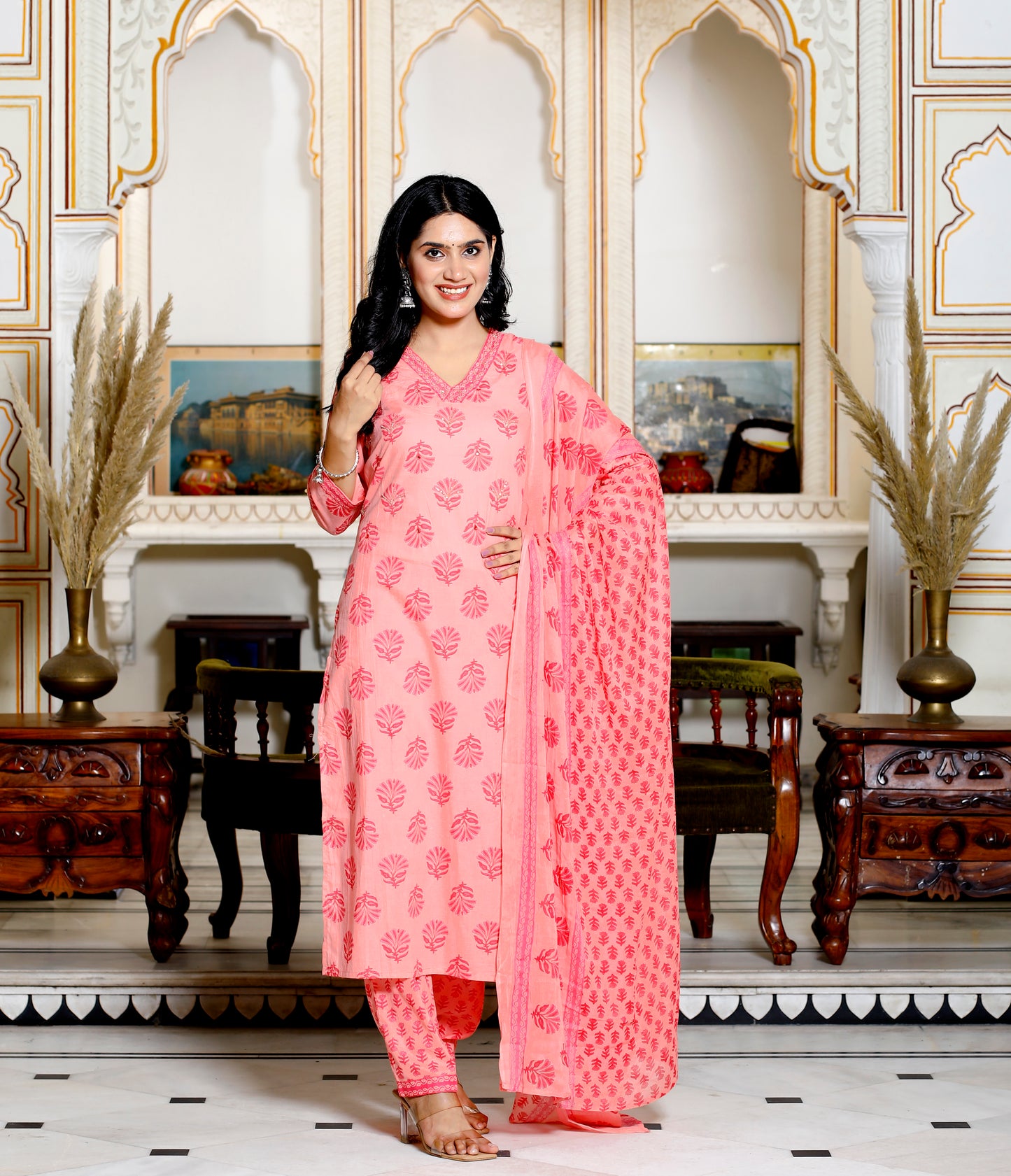 Peach Straight Printed Kurta with Pant and Dupatta
