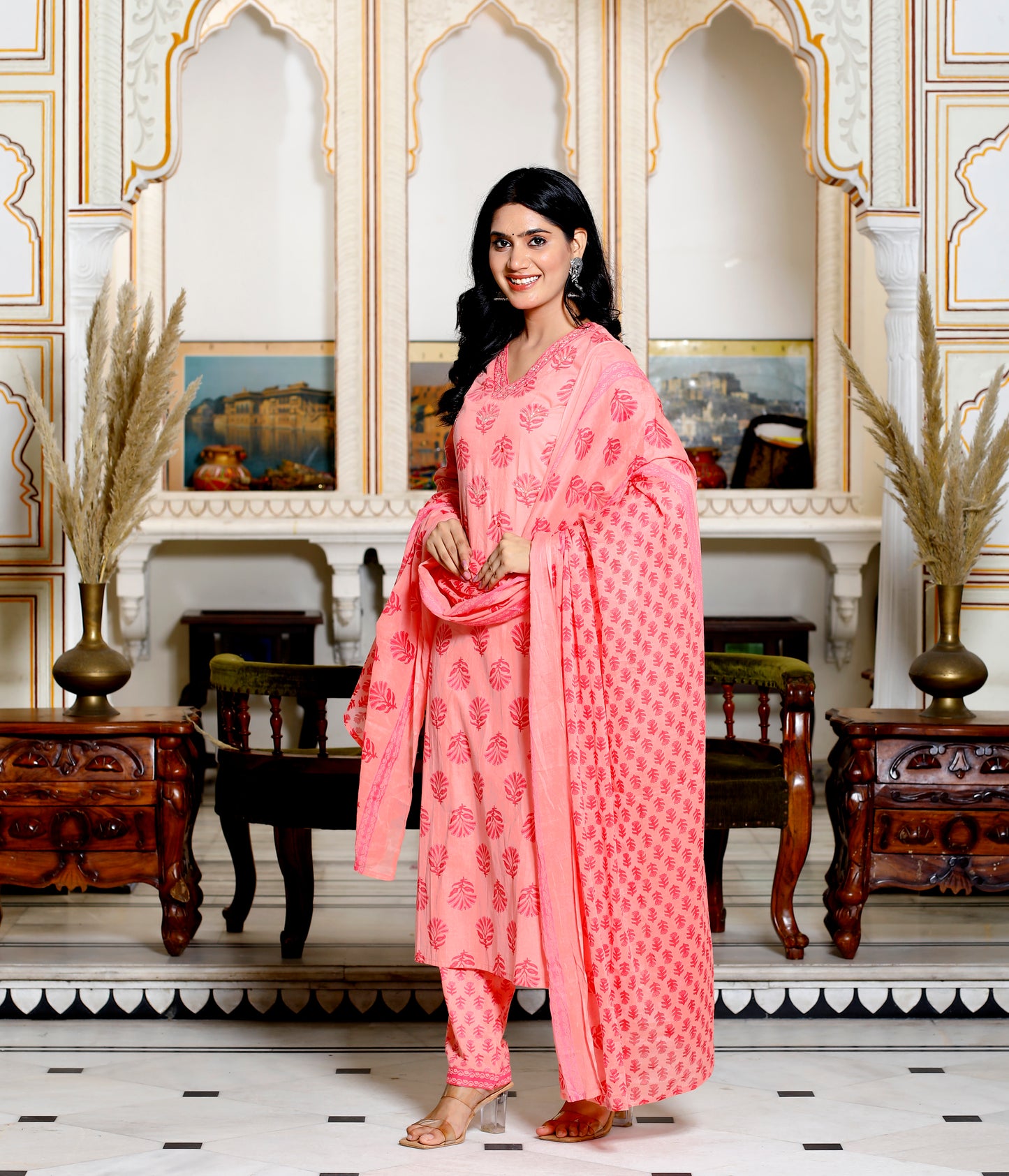 Peach Straight Printed Kurta with Pant and Dupatta