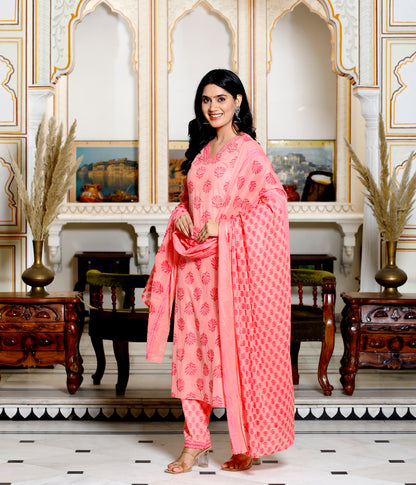 Peach Straight Printed Kurta with Pant and Dupatta