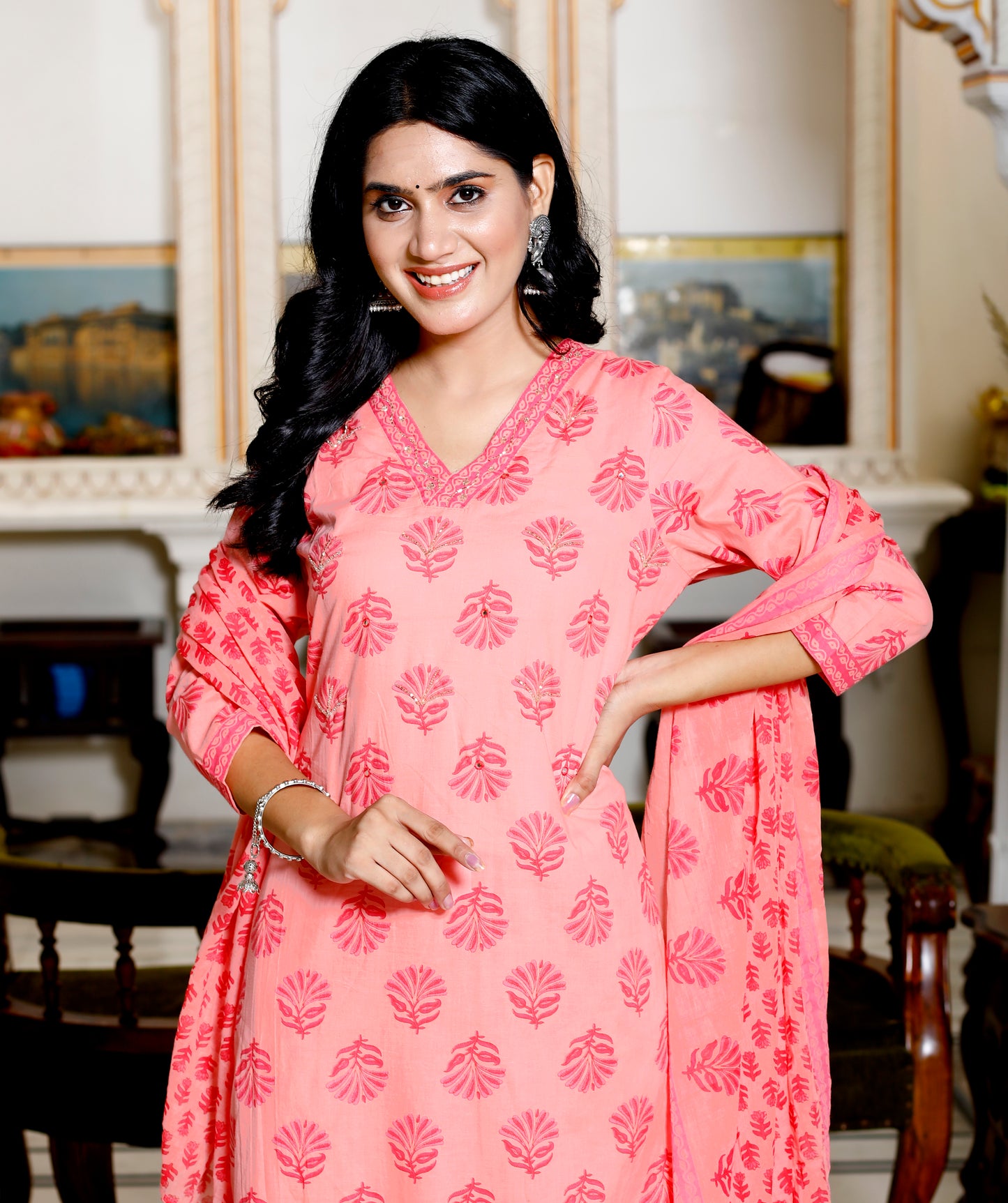 Peach Straight Printed Kurta with Pant and Dupatta