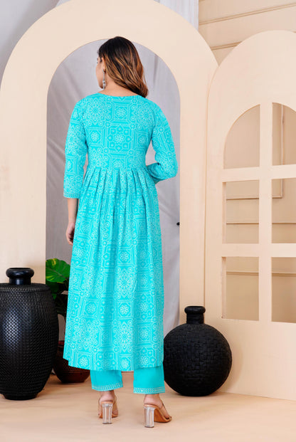 Turquoise Colour Designer Printed Kurta with Pant and Dupatta