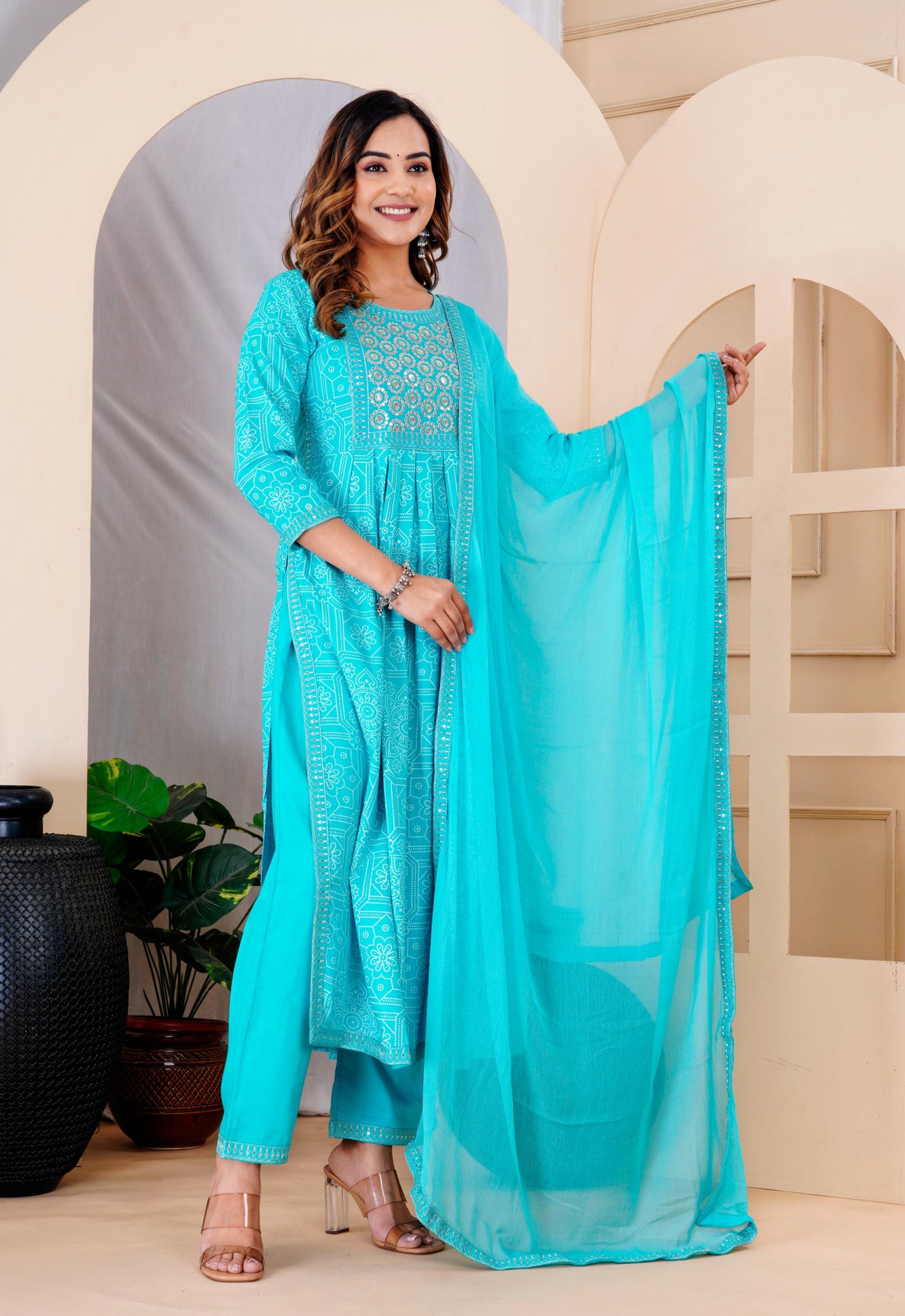 Turquoise Colour Designer Printed Kurta with Pant and Dupatta