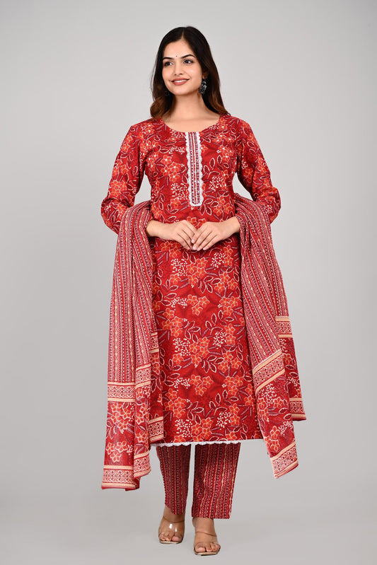 Red Colour Designer Printed Kurta with Pant and Dupatta