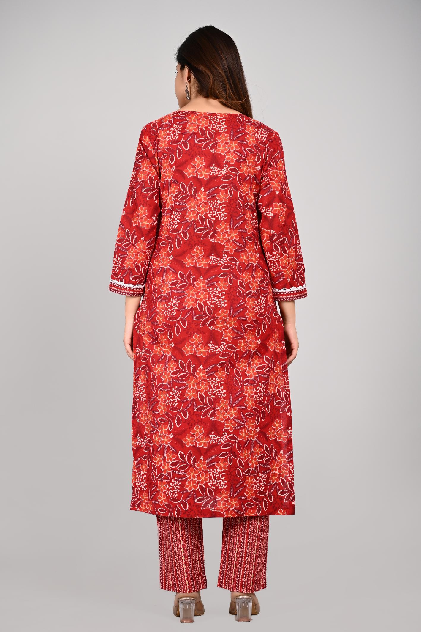 Red Colour Designer Printed Kurta with Pant and Dupatta
