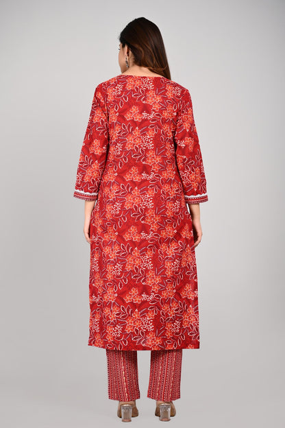 Red Colour Designer Printed Kurta with Pant and Dupatta