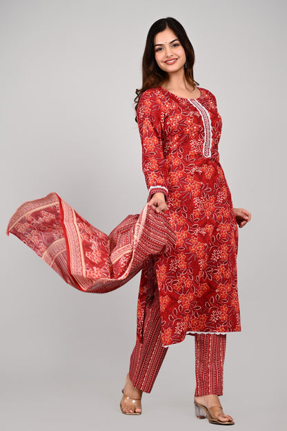 Red Colour Designer Printed Kurta with Pant and Dupatta