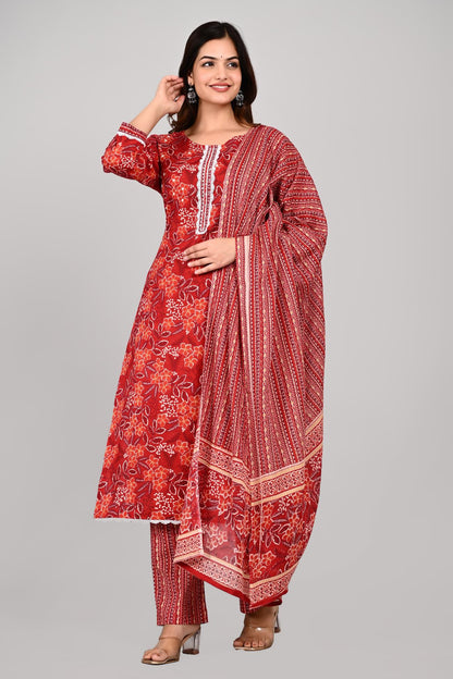 Red Colour Designer Printed Kurta with Pant and Dupatta