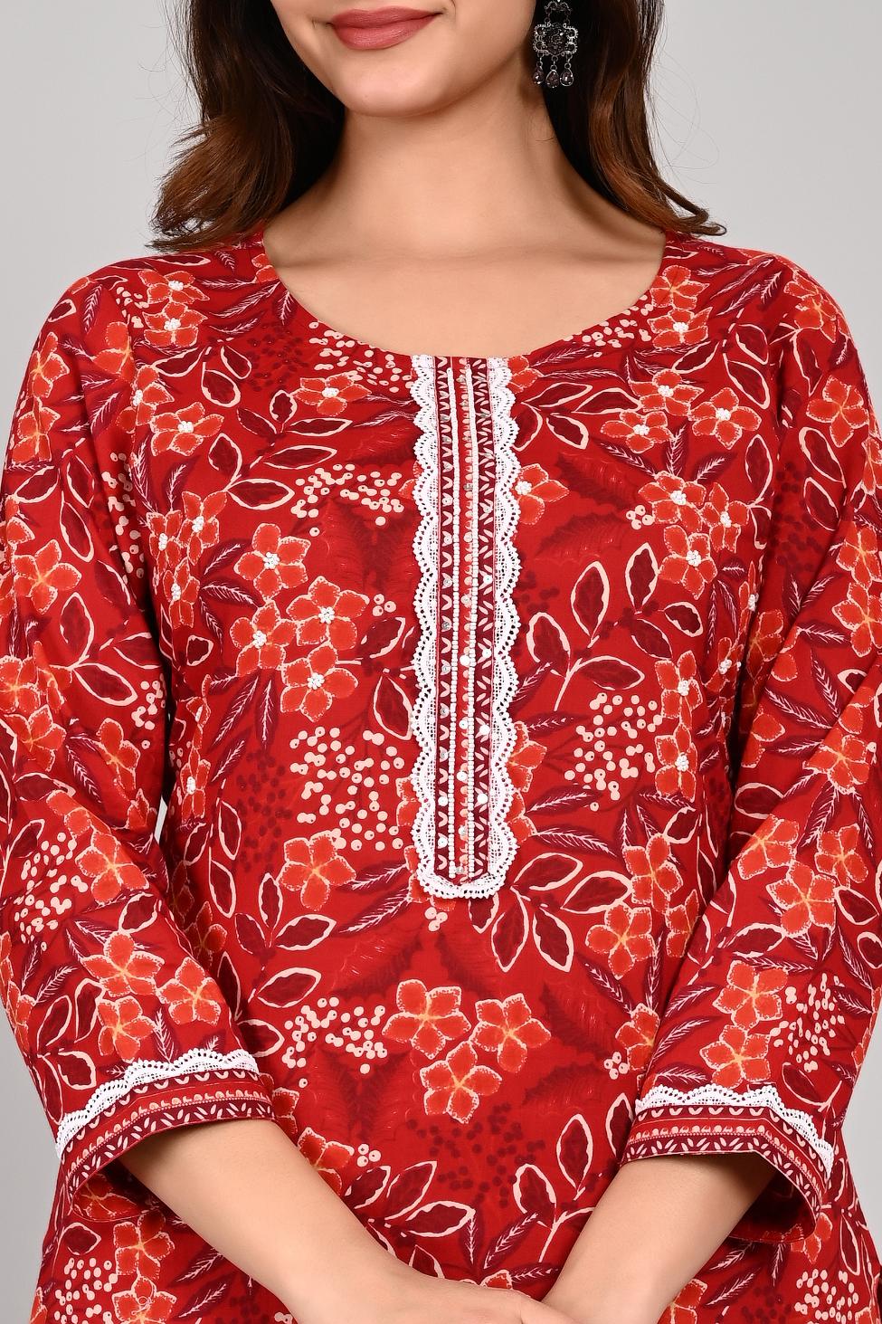 Red Colour Designer Printed Kurta with Pant and Dupatta
