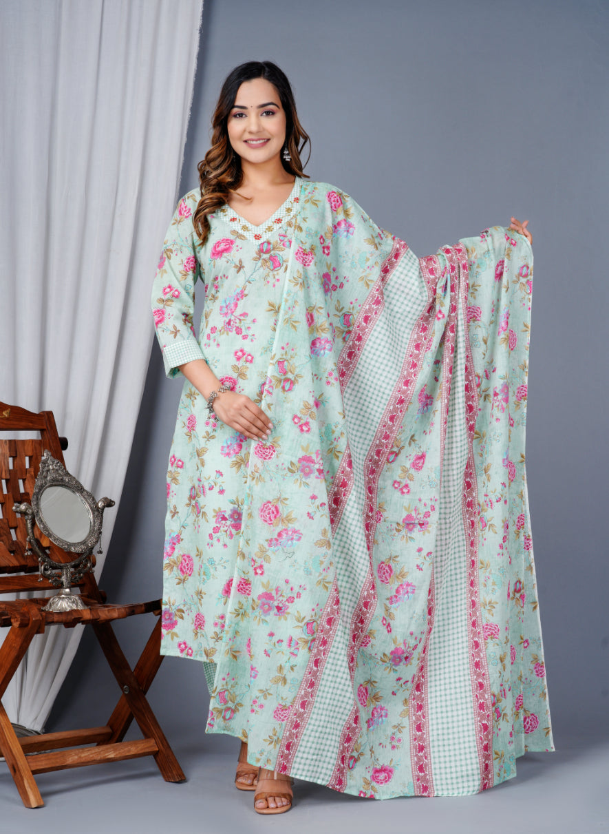 Green Colour Designer Printed Kurta with Pant and Dupatta