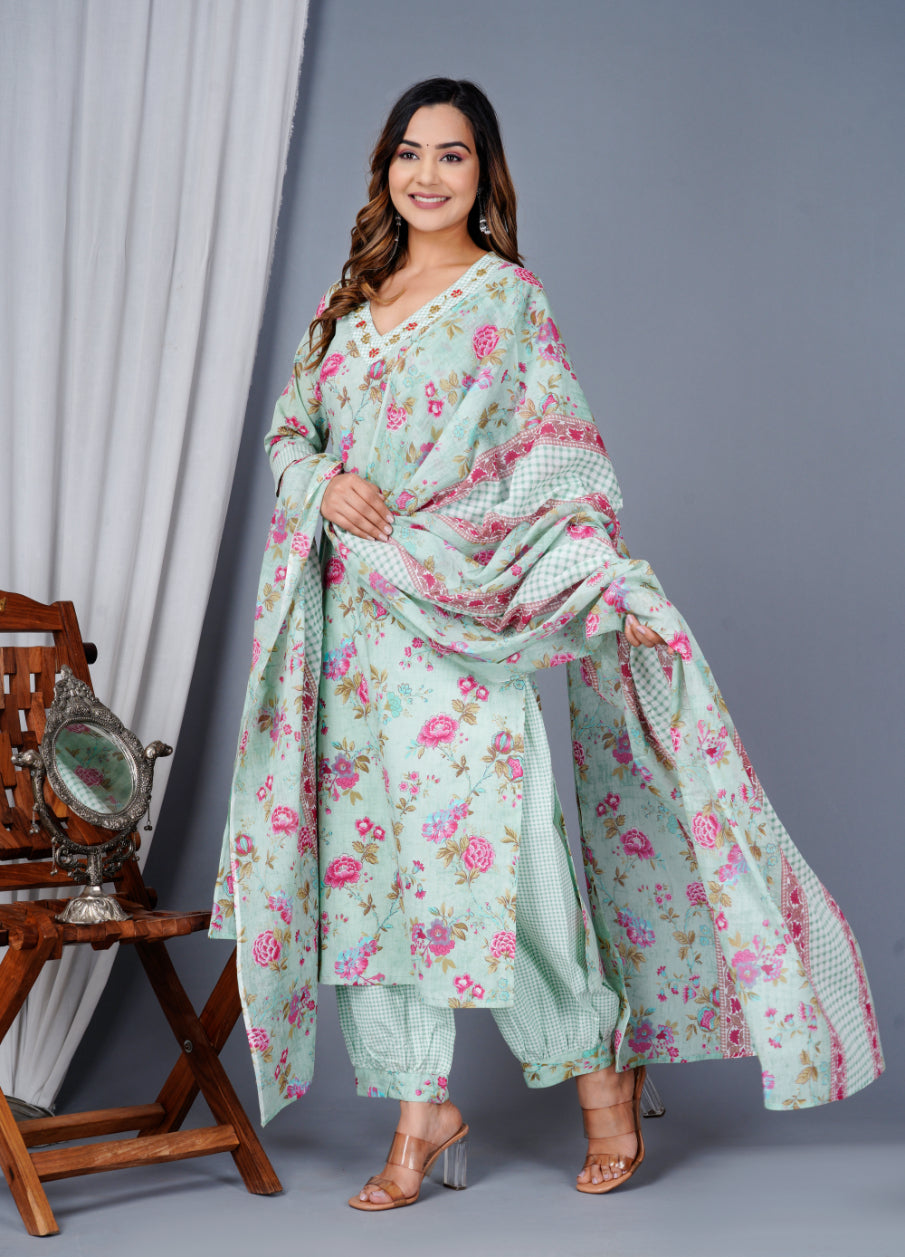 Green Colour Designer Printed Kurta with Pant and Dupatta